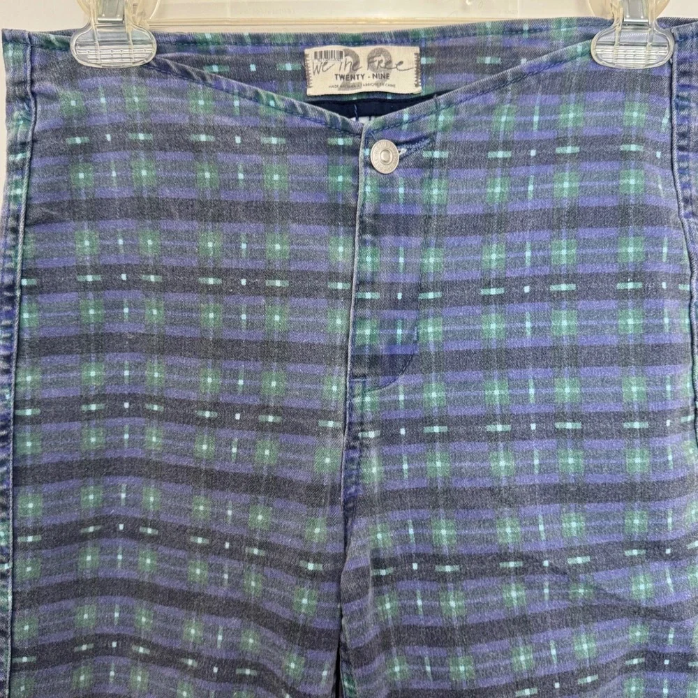 Free People Isla Print Straight Leg Jeans Retro Plaid Blue Green Size 29 Stretch